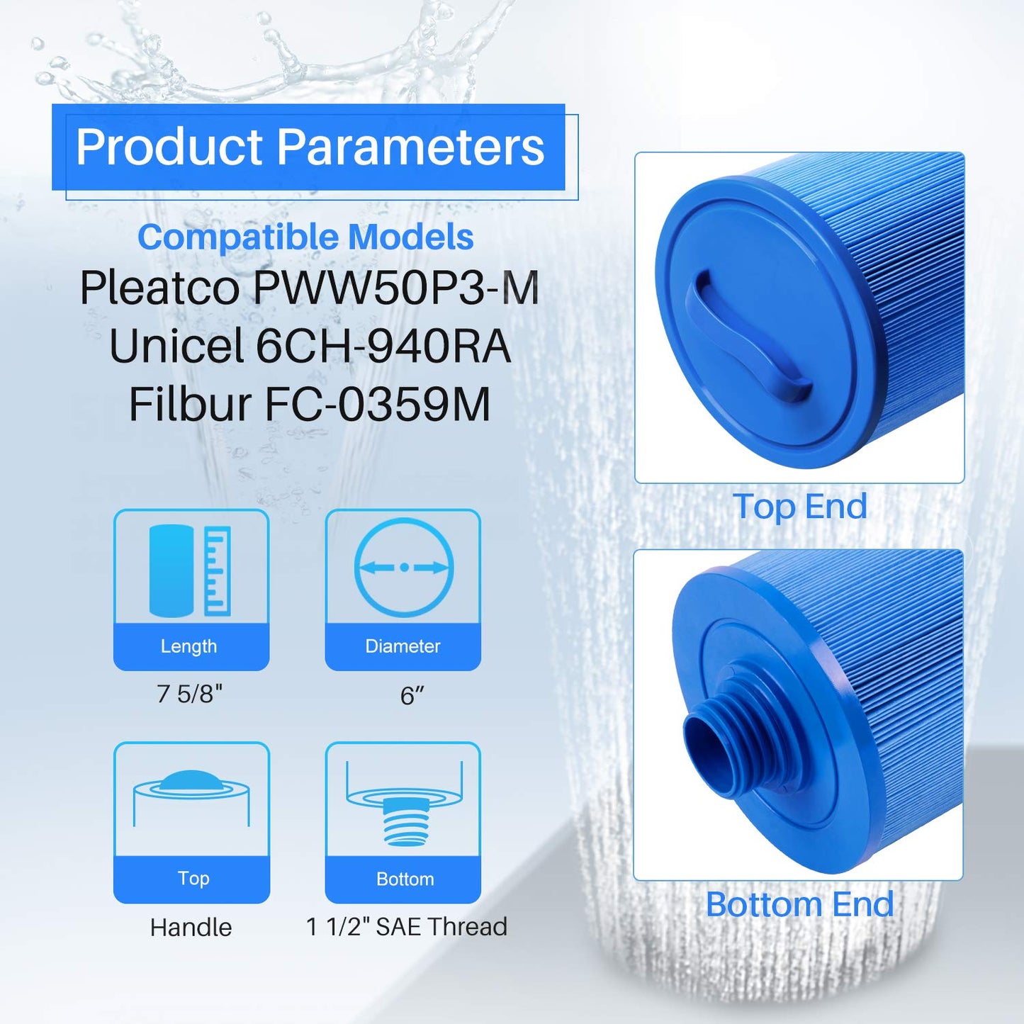 POOLPURE 6CH-940 Spa Filter Replaces PWW50P3(1 1/2" Coarse Thread), 817-0050, Filbur FC-0359, 25252, 03FIL1400, Waterway Front Access Skimmer (Anti-Biofilm (PRO))