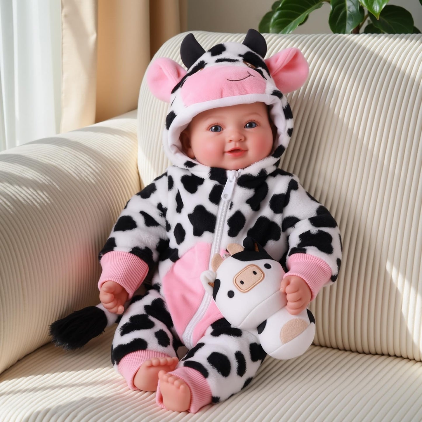 BABESIDE Baby Doll Girl - 17-Inch Soft Body Realistic Baby Doll with Blue Eyes and Cow Outfit Real Life Baby Dolls for 3 4 5 6 7 8 9 Years Girl Birthday Gifts, Pretend Play, Christmas & Collection