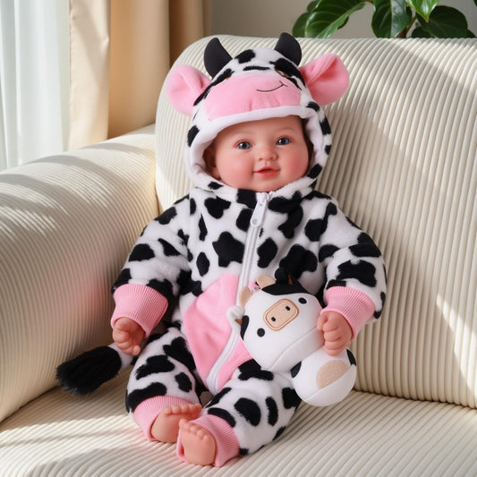 BABESIDE Baby Doll Girl - 17-Inch Soft Body Realistic Baby Doll with Blue Eyes and Cow Outfit Real Life Baby Dolls for 3 4 5 6 7 8 9 Years Girl Birthday Gifts, Pretend Play, Christmas & Collection