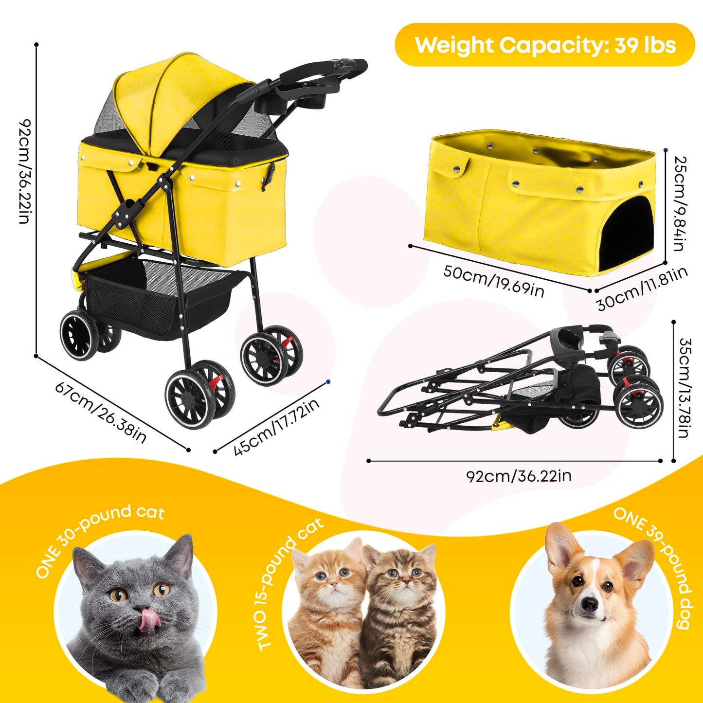 Pet Stroller,Dog Stroller for Small Medium Dogs Cats,3 Wheels,Foldable,with Breathable Mesh Canopy,Cup Holders,Easy Assembly,Yellow