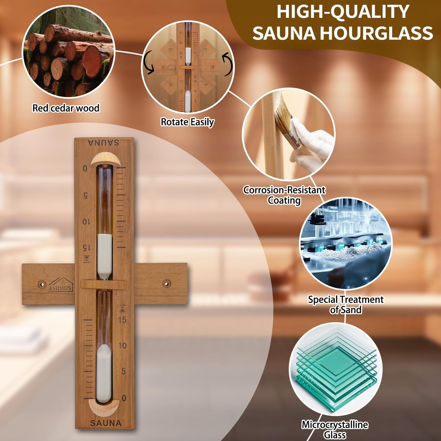Asidius Red Cedar Sauna Timer, Wall-Mounted 360° Rotating 15 Minute Sand Timer, Sauna Accessories for Infrared Sauna, Home Sauna, Sauna Box