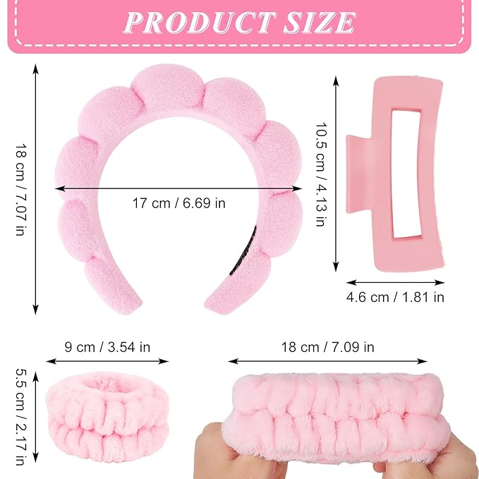 Wecoe Pink Spa Headband and Wristband Set for Face Washing, Makeup Application, Skincare Routine, 3-Piece Hair Accessories Kit with Hair Clip