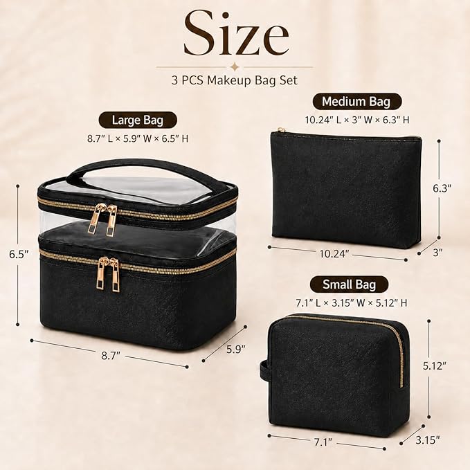 3PCS PU Leather Makeup Bag, Large Travel Cosmetic Pouch, Cute Toiletry Organizer for Women, Black