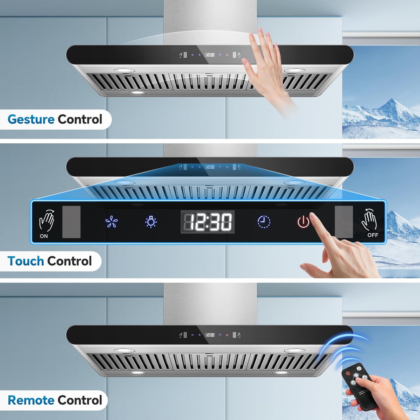Tiesay Island Range Hood 36 Inch, 700 CFM kitchen Hood with Dual-Sided Touch/Gesture/Remote Control, Ceiling Mount, Convertible Ducted/Ductless, 3-Speed Fan, 3 Stainless Steel Baffle Filters