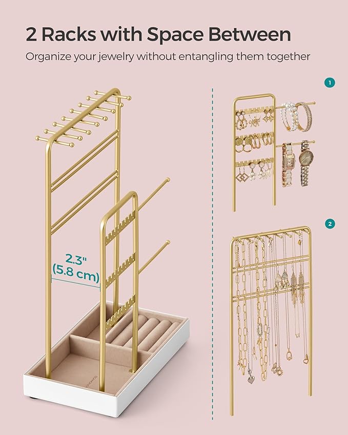 SONGMICS Set of 2 Jewelry Holders, Jewelry Organizers Display Stands with Metal Frame, Velvet Tray, Necklace Earring Bracelet Holders, for Studs, Rings, Gift Idea, Pale Gold UJJS021A01V1-2J