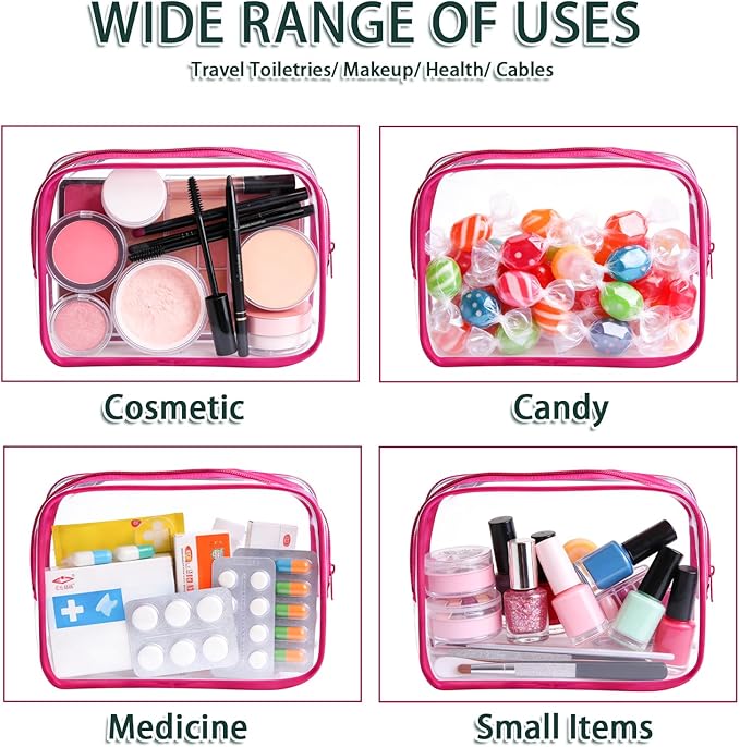18 Pieces Small Clear Makeup Bags Bulk, TSA Approved Toiletry Bag PVC Clear Cosmetic Pouch with Zipper, Waterproof Vinyl Plastic Organizer Case for for Women Carry-on Travel Essentials (Rose Red)