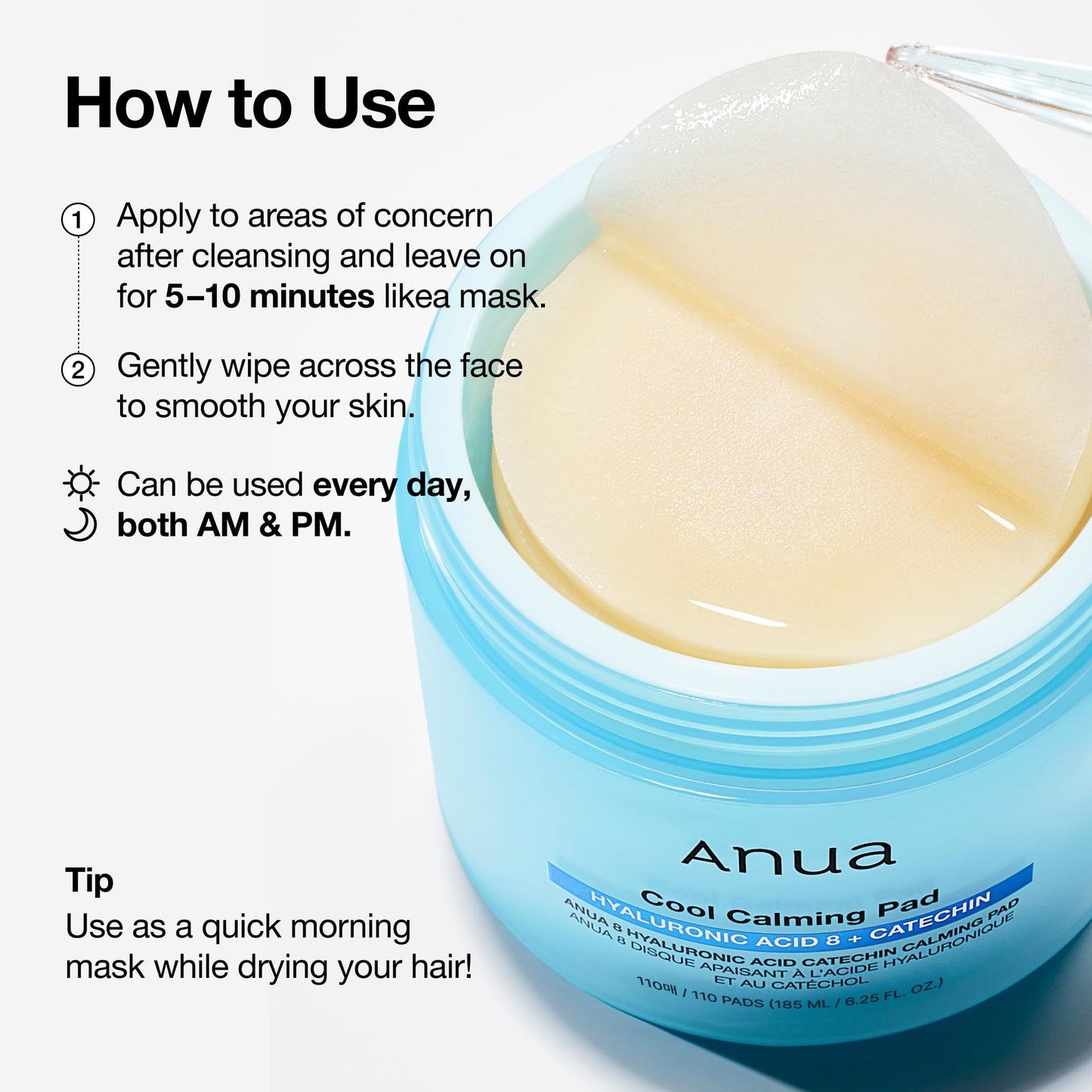 Anua 8 Hyaluronic Acid Catechin Calming Pad, Pore Care & Cooling Effect with Korean Toner pad, Quick & Easy Hydrating Daily Face Mask, Makeup Prep Routine, Korean Skin Care (110 Pads)