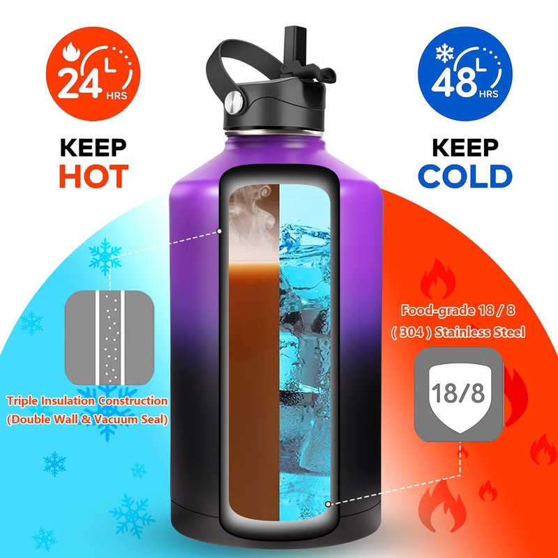 Water Bottle Insulated 32oz 40oz 64oz 128oz Straw Lid Spout Lid & 3 Lids, Leak Proof, Vacuum Insulated,Stainless Steel Water Bottle Wide Mouth for Sports, Gym or Office (Purple Black, 128 oz)