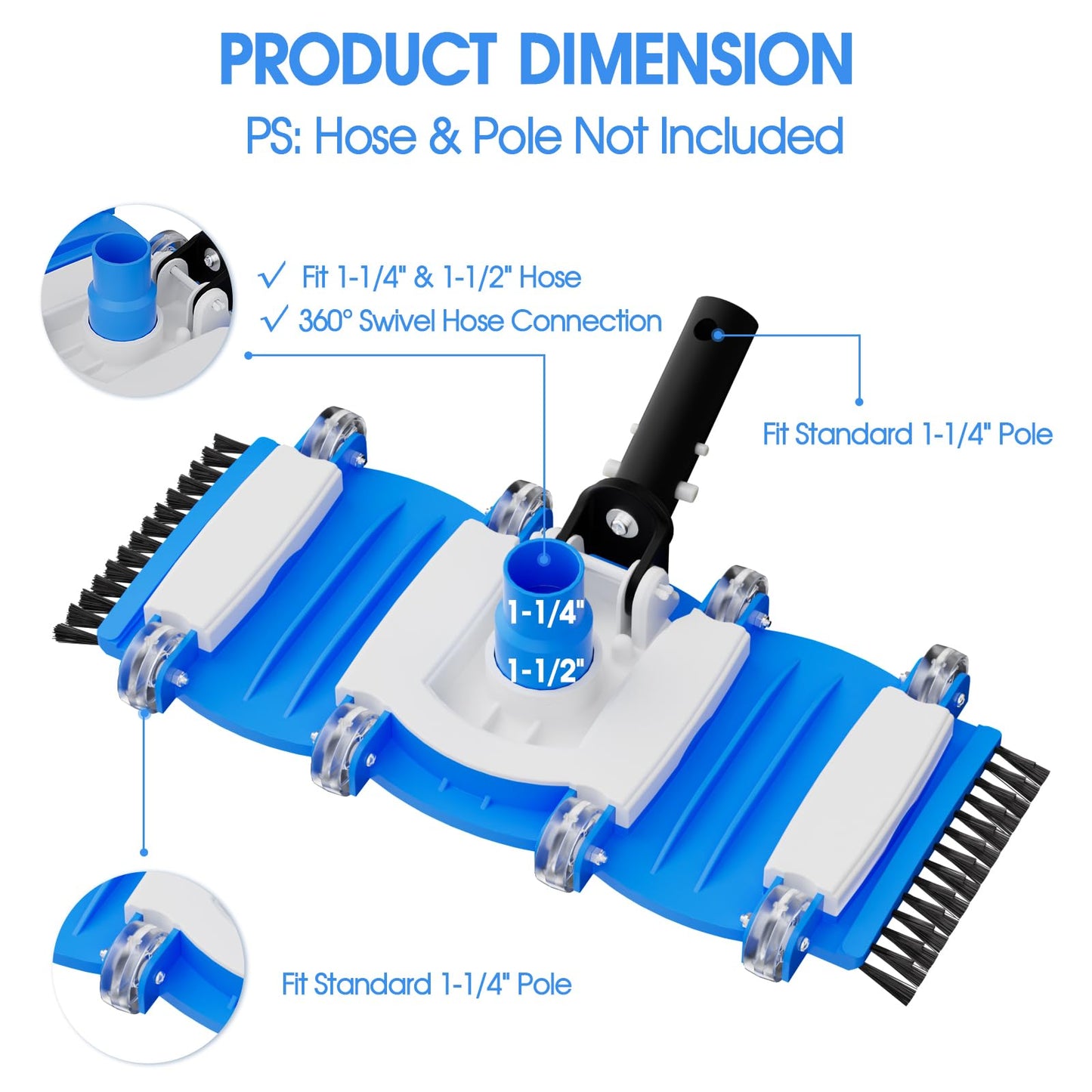 2026 TidyMister Pool Vacuum Head with Swivel Handle - 16in Eazy-to-Use Daily Cleaning Vacuum Head with Side Brushes and Wheels and Hose Connect for 1-1/4in or 1-1/2in for Inground & Above Ground Pools