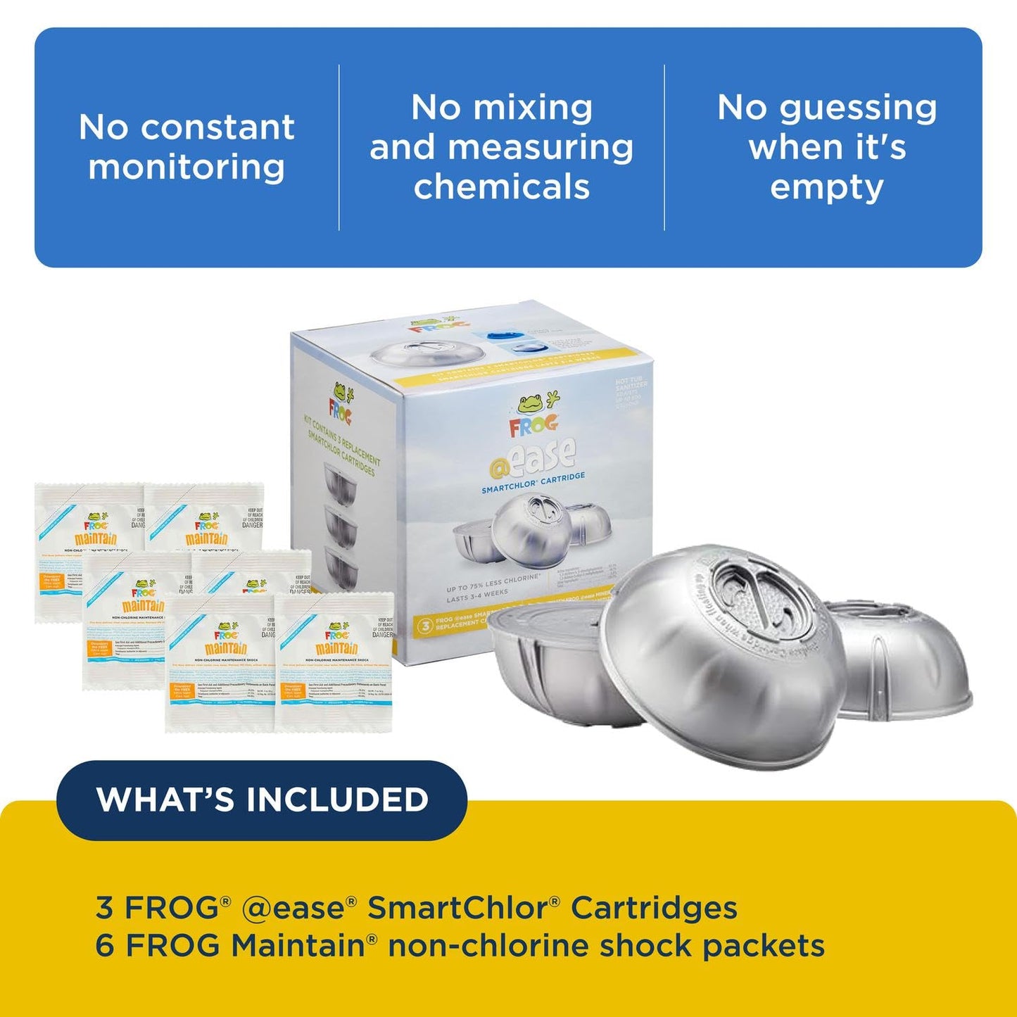 FROG @Ease Replacement SmartChlor Cartridge 3 Pack with 6 Pack of Maintain for use with Hot Tub FROG @Ease Floating System - Hot Tub Sanitizer System Supports Less Chlorine Use
