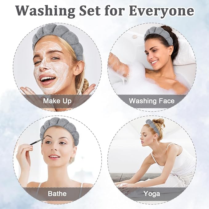 Women's Spa Terry Cloth Headband for Face Washing, Makeup Removal and Hair Care (Grey)