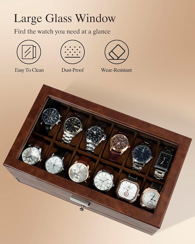 GUKA Watch Box 12 Slot Watch Display Organizer Leather Jewelry Case Drawer Glass Birthday for Men Women, Child Husband Dad GK-012-BROWN-LED-24