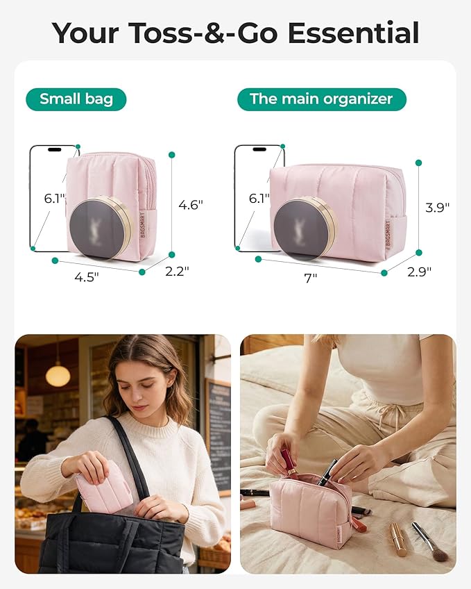 BAGSMART Makeup Bag Duo Set, Puffy Padded Travel Cosmetic Organizer with Slip-in Pockets, Large Toiletry Bag & Small Purse Pouch, Travel Essentials for Women, Chocolate