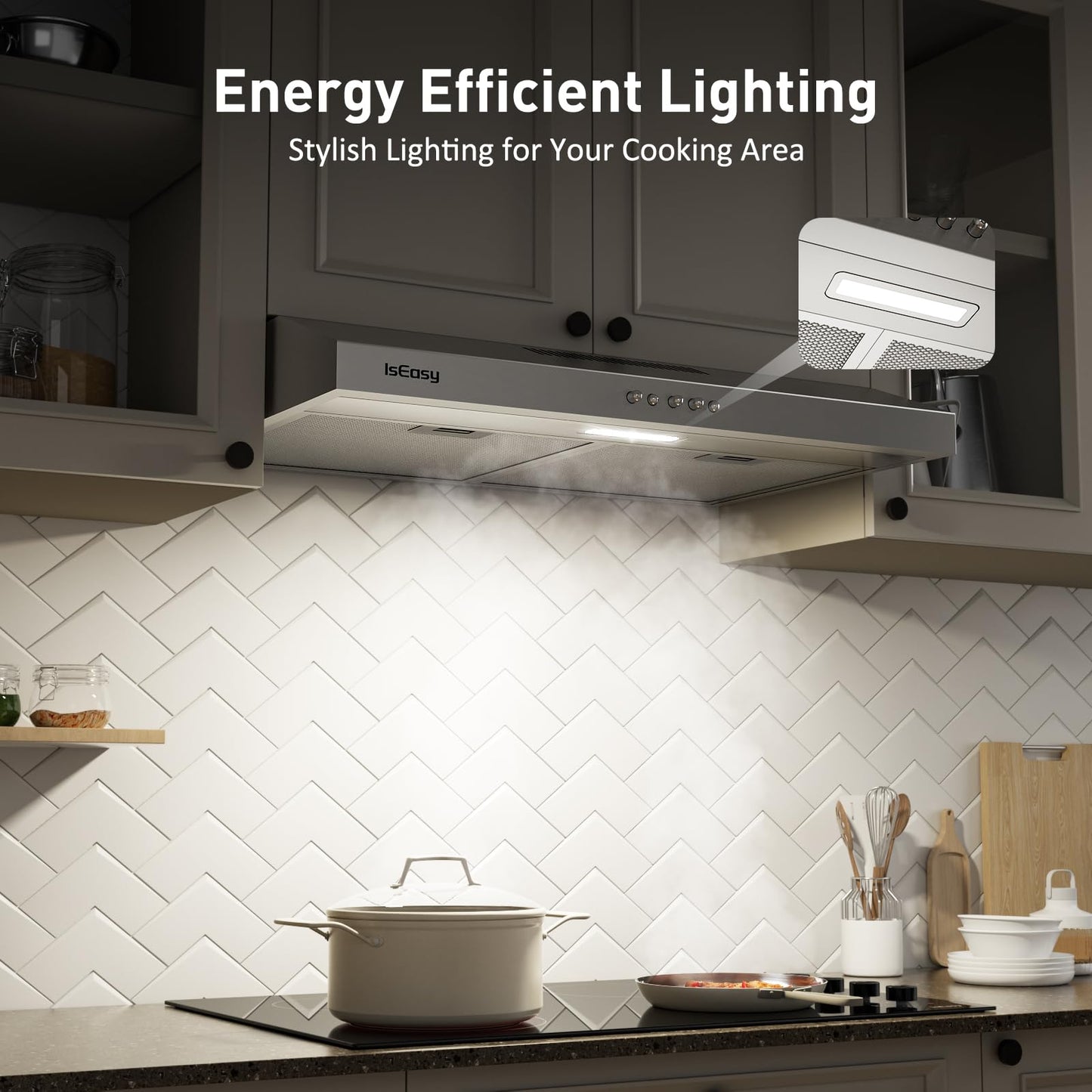 Range Hood 30 Inch, IsEasy Under Cabinet Range Hood, Ducted/Ductless Convertible, Kitchen Vent Hood 30 Inch with 3-Speed Exhaust Fan, Stainless Steel, LED Light and Reusable Charcoal Filter