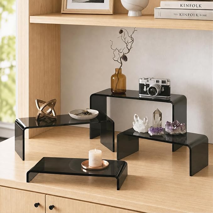 FUNFERY Acrylic Display Risers, 2 Set(7.8" L~8.2" L~8.6" L~9Ã¢ÂÂL) Display Shelf for Figure, Collectibles, Cupcake, Black Acrylic Stands for Dessert, Jewelry, Candy Showcase, 4 Tier Action Figure Stand