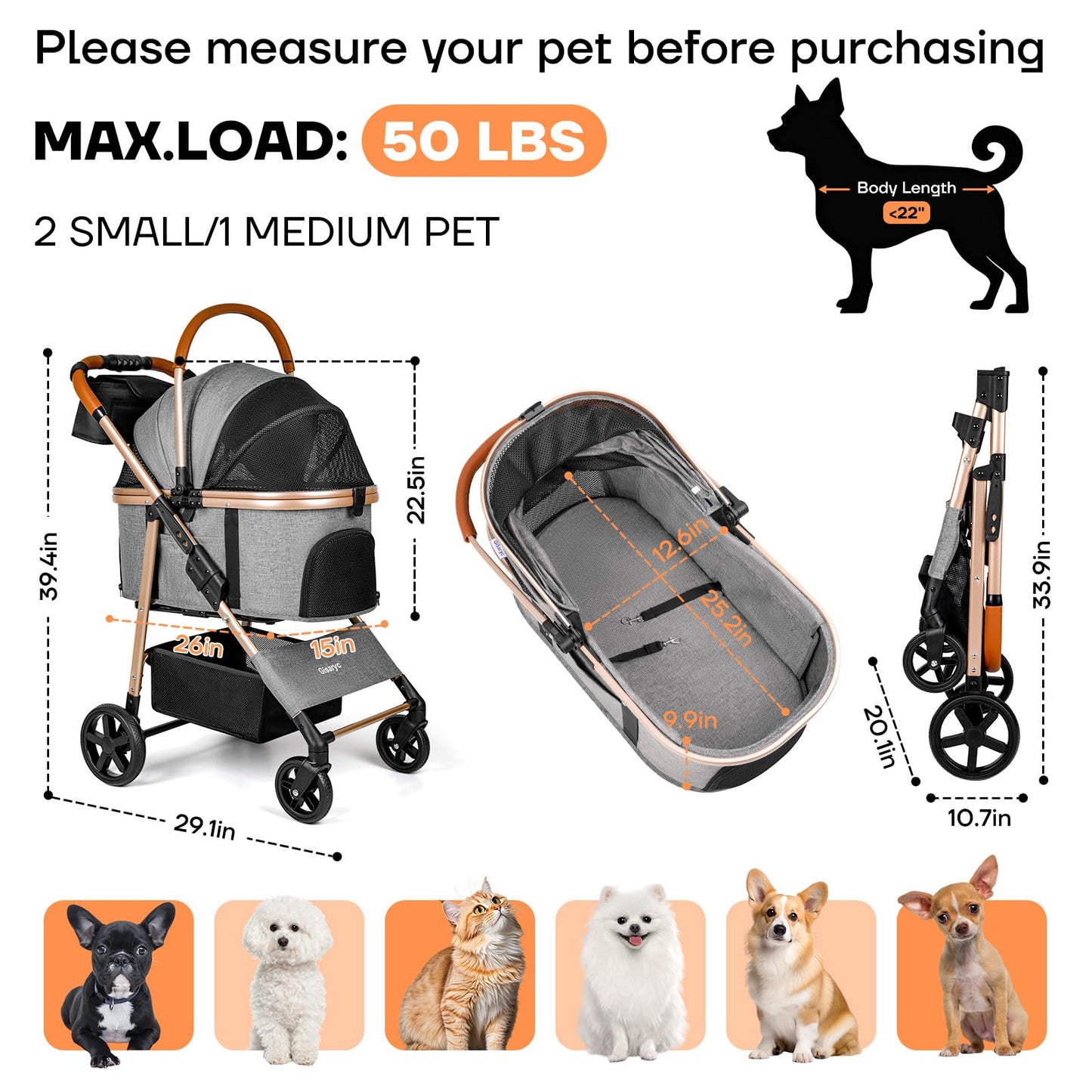 Dog Cat Stroller for Small/Medium Pets up to 50 lbs, 3-in-1 Foldable Pet Stroller with Detachable Carrier, Car Seat, Storage Basket, Cup Holder, Hanging Bag, Rain Cover, All-Terrain 4 Wheels (Grey)