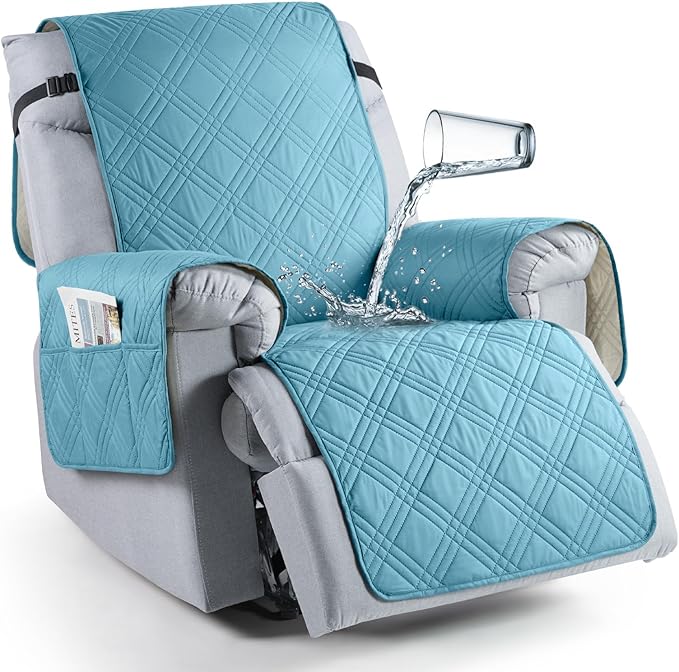 TAOCOCO 100% Waterproof Recliner Chair Cover, Non Slip Recliner Covers for Recliner Chair with Pocket, Washable Reclining Chair Cover Furniture Protector for Kids, Pets(23.6'', Sky Blue)