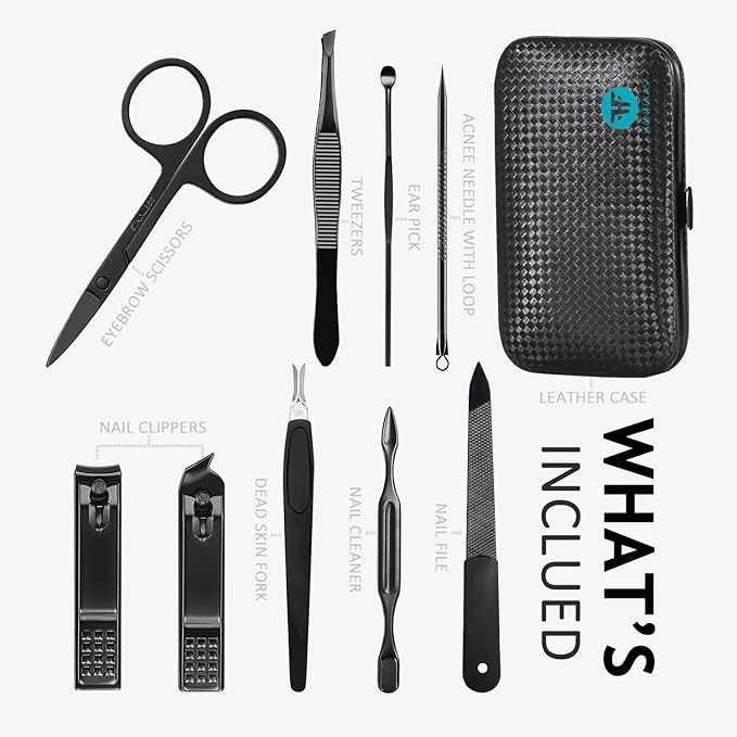 Manicure Set 9 in 1 Stainless Steel, Nail Clippers Scissors Pedicure Tools Kit - Portable Travel Grooming Kit for Men and Women with Leather Case (Blue-BIG Nail Clipper)