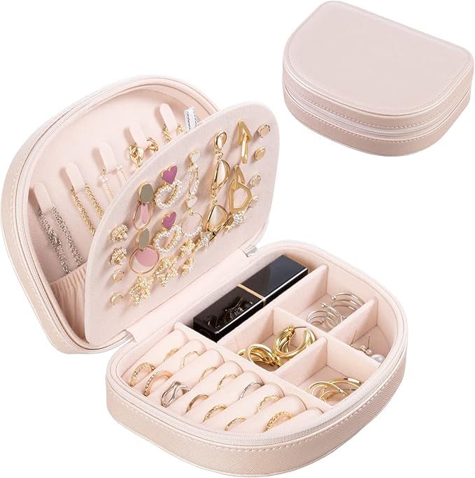 ProCase Travel Size Jewelry Box, Medium Portable Seashell-Shaped Jewelry Case, 2 Layer Jewelry Organizer in PU Leather for Women -Champagne