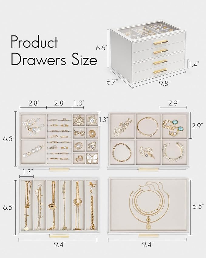 Vlando Jewelry Box for Women, Glass Lid Jewelry Organizer with 4 Drawers for Necklaces Rings Earrings Bracelets Christmas Gift - White