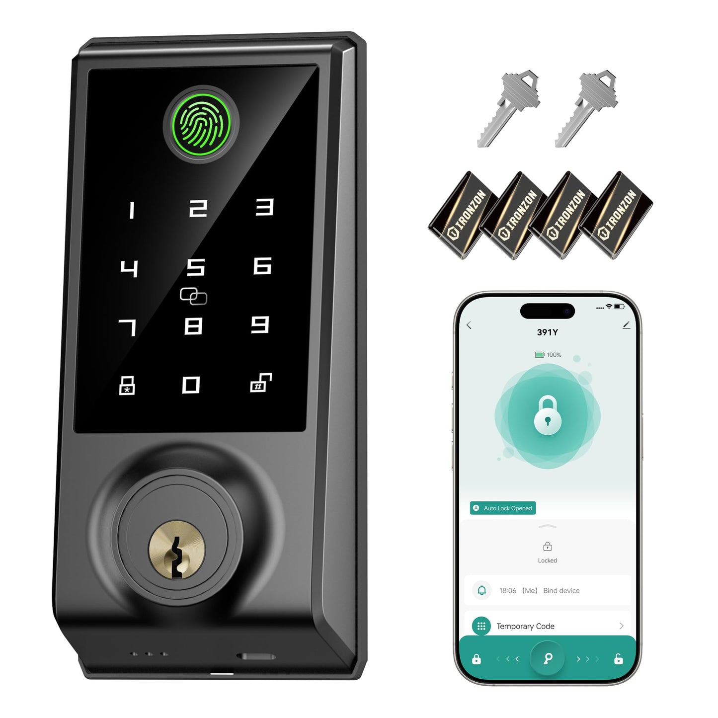 IRONZON Smart Door Lock, 5-in-1 Keypad Deadbolt for Front Door, Keyless Entry Door Lock with App Control, Auto-Lock, Anti-Peeping Password, 4 IC Cards, 15-Min Installation, Black