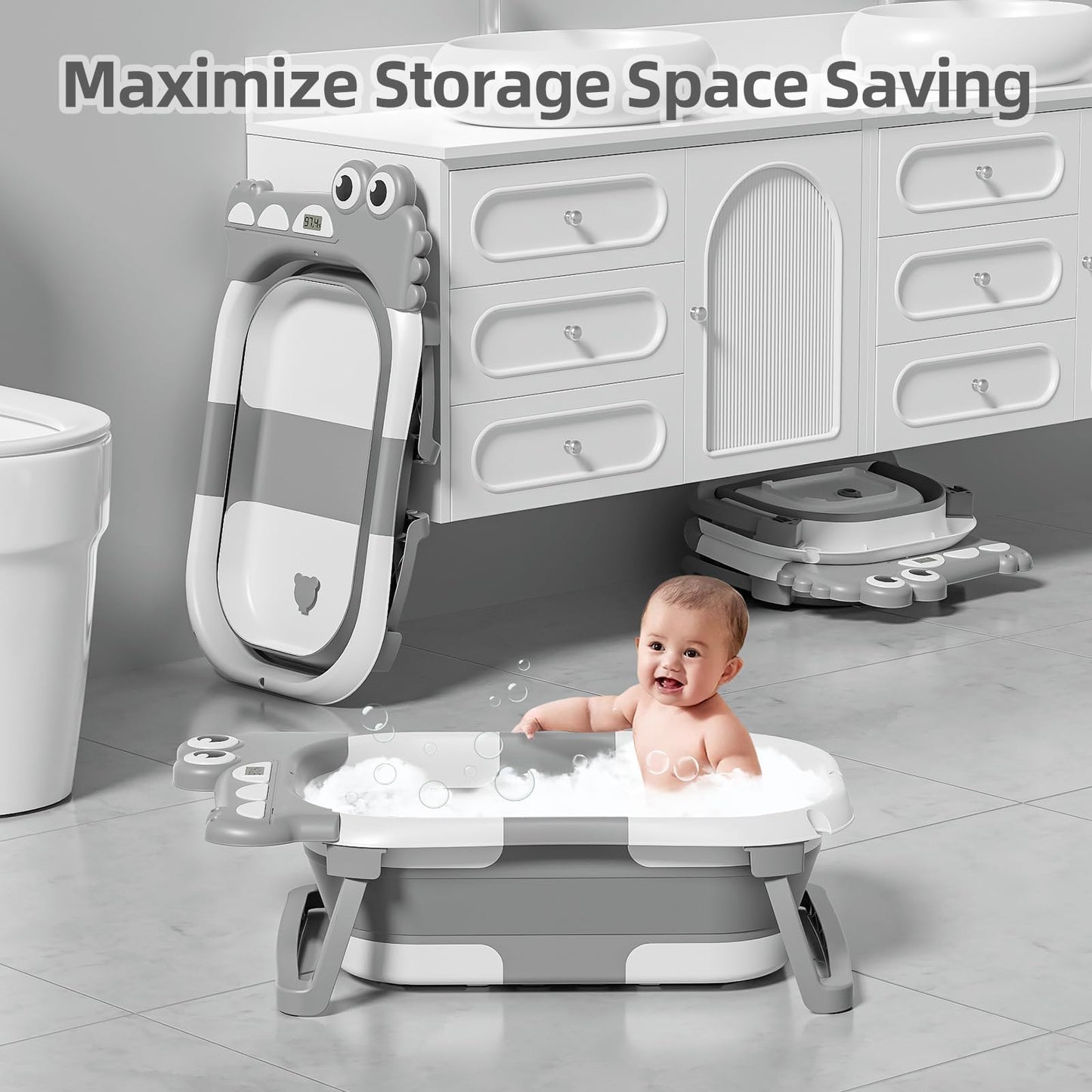 MoreFeel Collapsible Baby Bathtub for Newborn with Thermometer & 1 Hooded Towel & 1 Soft Floating Cushion,Portable Travel Bathtub with Drain Hole, Durable Foldable Baby Tubs for Infants to Toddler