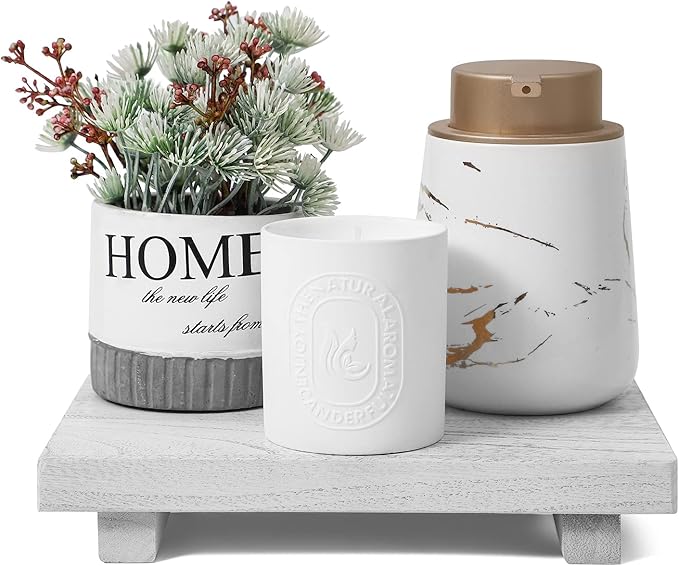 zoocatia Small Wood Tray Pedestal Stand Farmhouse Bathroom Decor Decorative Wooden Riser Kitchen Soap Dish Holder for Vanity, Counter, Sink, 9" x 5.9" - White