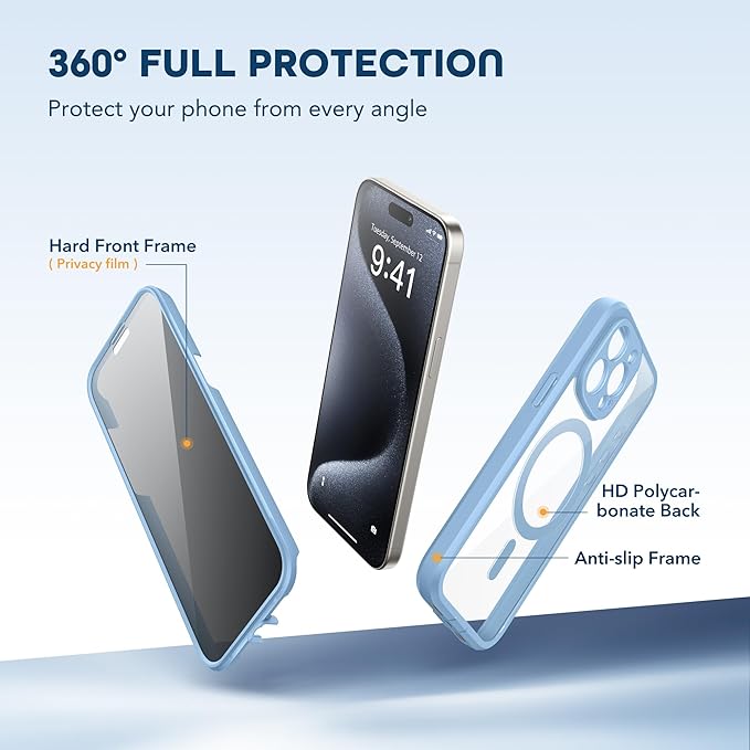 Magnetic for iPhone 15 Pro Max Case, Compatible with MagSafe, Built-in Privacy Screen Protector and Camera Protection, Anti Spy Full Body Dustproof Shockproof Hard Phone Case 6.7", Sky Blue