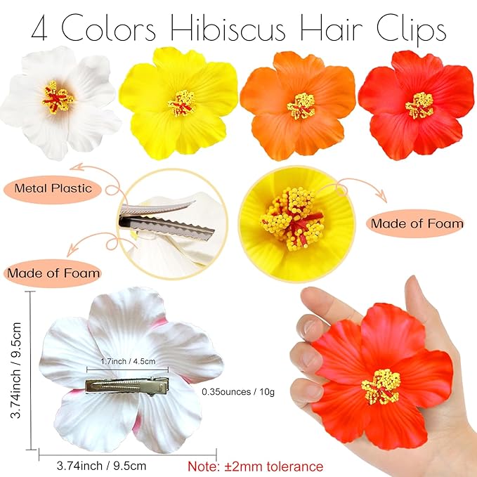 4Pcs Hawaiian Flower Hair Clips for Women,Plumeria Hibiscus Hair Clips Rose Hair Barrettes 3.5 Inch Artificial Flower Clips,Hair Accessories for Vacation Beach Party, Boho Clips for Girls Wedding