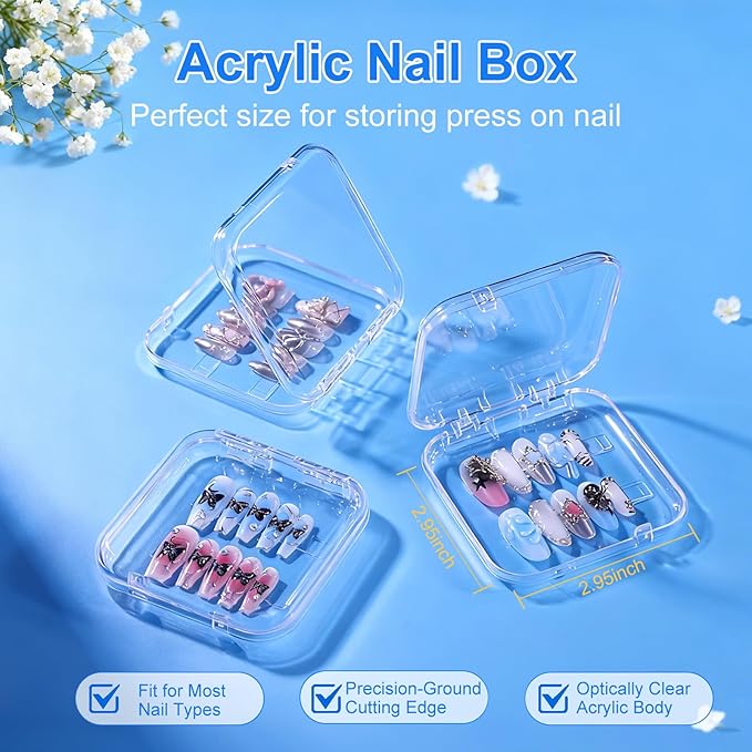 16 Pcs Acrylic Press on Nail Storage Box with Adhesive Double Sided Tape, Press on Nails Packaging Fake Nail Storages Case for Fake Nail Storage Nail Display Nail Salon