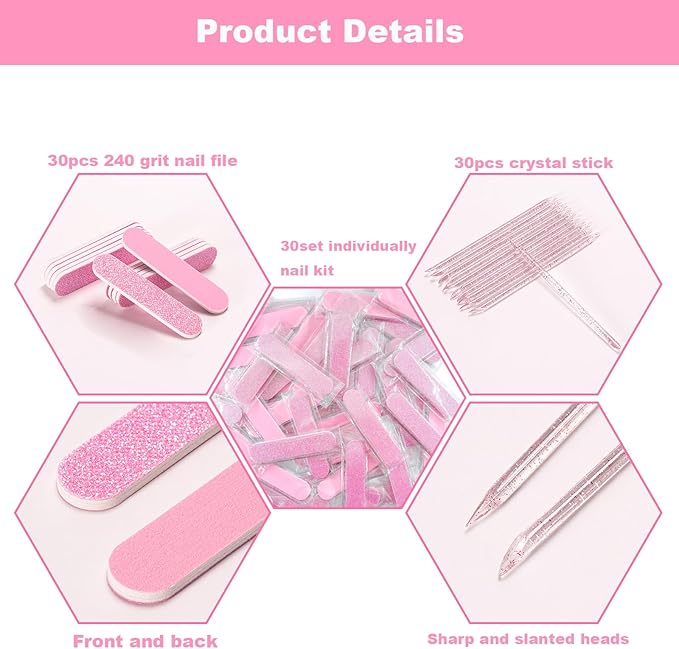Mini Nail Files 240 Grit, Crystal Stick, Individually Packaged Nail Tool Kit Suitable for Fingernails, Toenails & Press on Nail, 30pcs Nail Kits