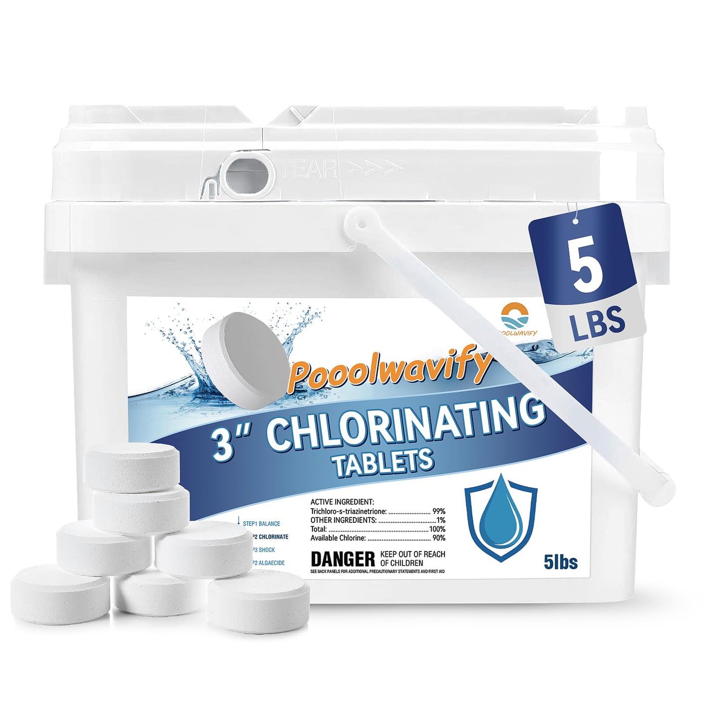 3 Inch Chlorine Tablets for Swimming Pools & Spas | 90% Available Chlorine Trichlor Pool Tablets | Long-Lasting Slow Dissolving Sanitizer for Clean & Clear Water (3inch-5Lbs)