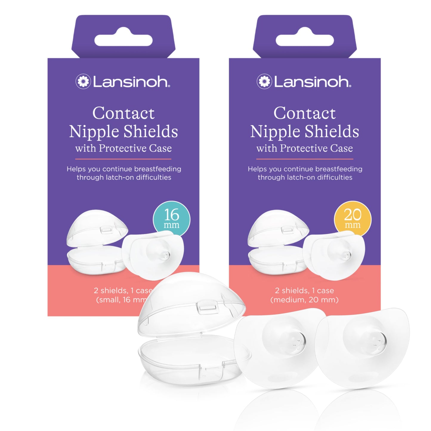 Lansinoh Contact Nipple Shields for Nursing Mothers, Ultra-Thin Soft & Flexible Medical-Grade Silicone Shields for Sensitive Nipples, Latch-On Support, with Protective Case, 16mm + 20mm, 4 Count
