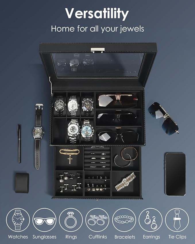 Watch Jewelry Box Organizer, 6-Slot 2-Layer Watch Case and Sunglasses Storage with Large Glass Lid, Men's Jewelry Box with Lock, Watch Holder Display Case, Gift for Men Women