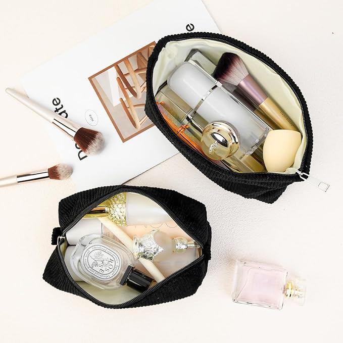 SOIDRAM 2 Pcs Corduroy Makeup Bag Large Cosmetic Bag Toiletry Bag Makeup Pouch Travel Bag Organizer Cute Makeup Brushes Aesthetic Accessories Storage Bag for Women Black