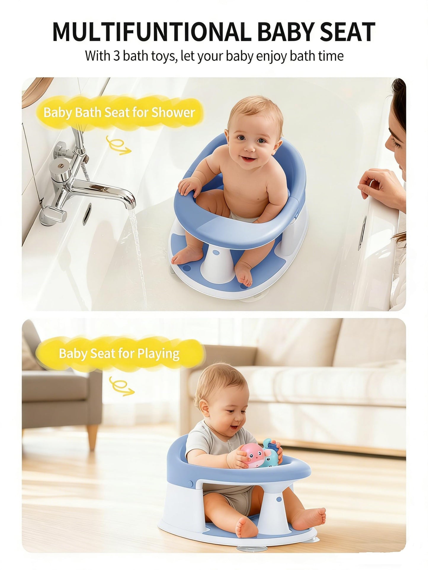 Baby Bath Seat for Babies 6 Months & Up, Bath Seats for Babies Sitting Up, 3 Baby Bath Toys, Open Design, Non-Slip, Compact Toddler Bath Seat.