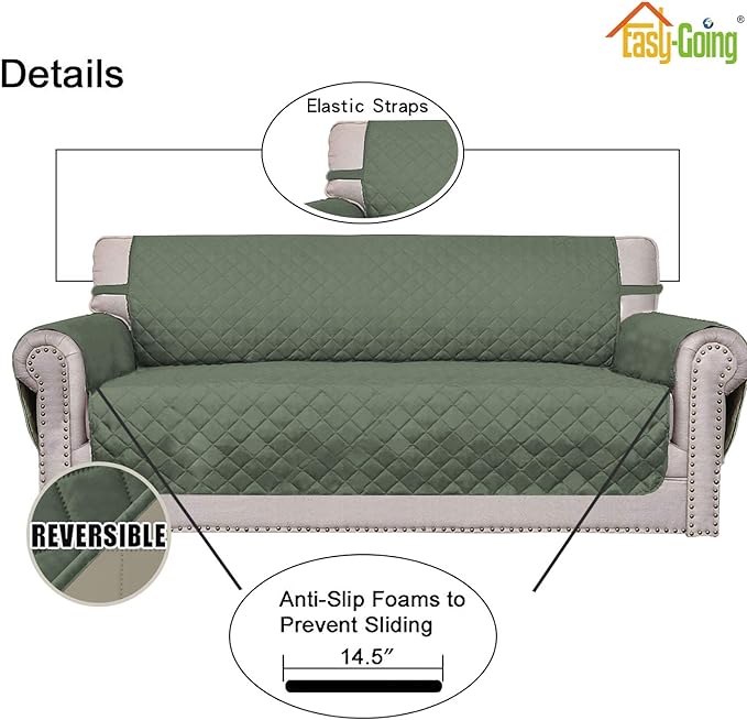 Easy-Going Reversible Oversized Couch Cover for 3 Cushion Couch Sofa Cover for Dogs Water Resistant Furniture Protector Cover with Foam Sticks for Pet (Oversized Sofa, Greyish Green/Beige)
