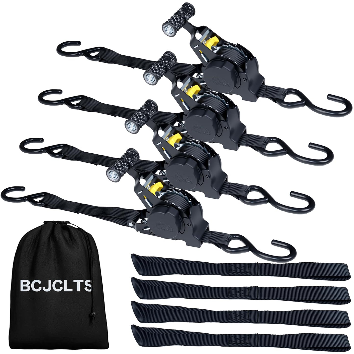 BCJCLTS Retractable Ratchet Straps,1" x 10' Heavy Duty Ratchet Straps Self Retractable Tie Down Straps with Soft Loops for Motorcycle, Truck,Trailer(4-Pack)