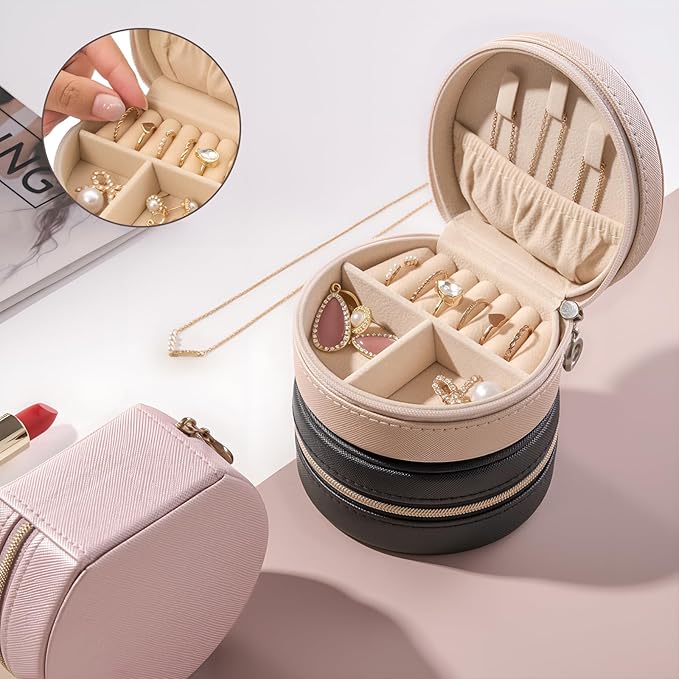 ProCase Travel Size Jewelry Box, Mini Portable Seashell-Shaped Jewelry Case, 2 Layer Organizer in PU Leather for Women -Champagne