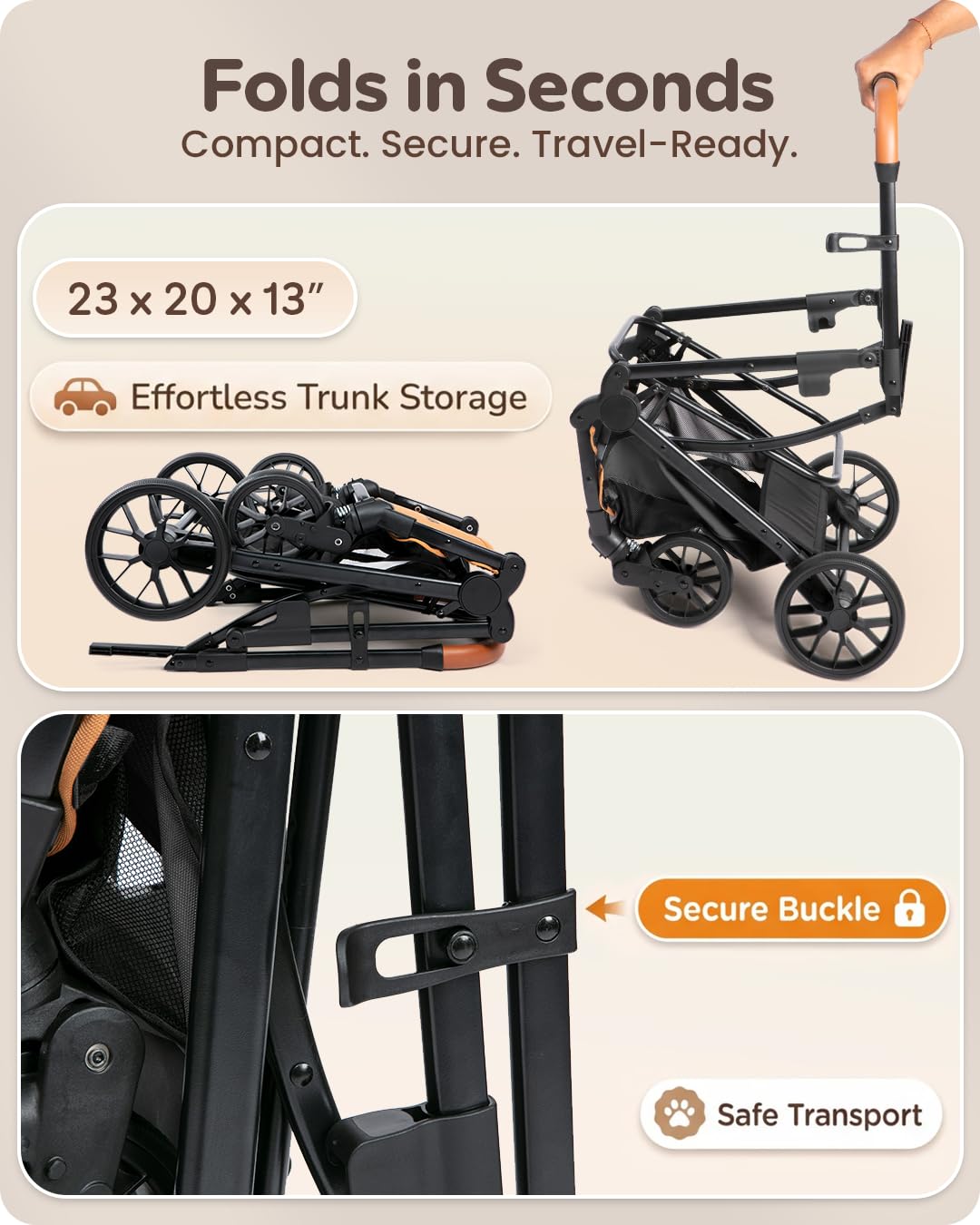 PAWLALA Pet Stroller with Detachable Carrier for Small & Medium Dogs & Cats, Smooth Comfort Ride with Shock-Absorbing Suspension, Foldable Dog Stroller, Compact Storage (Midnight Black)