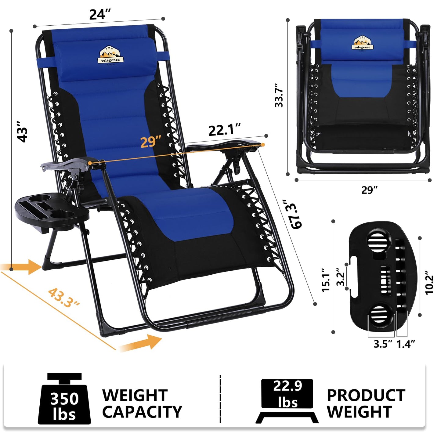 Colegence Oversized Padded Zero Gravity Lounge Chair, Foldable Patio Anti Gravity Reclining Chairs Folding Lawn Recliner with Cup Holder for Yard, Camping, Outdoor, Support 350 LBS, Blue