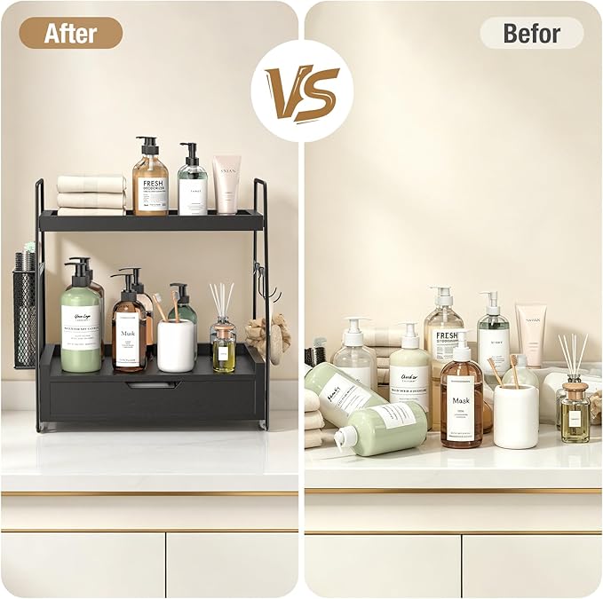 2-Tier Bathroom Counter Organizer with Drawer & Removable Basket, Wood & Metal Vanity Organizer for Skincare, Makeup, Perfume, Toiletries, Small Bathroom Counter Shelf, 13'' Black