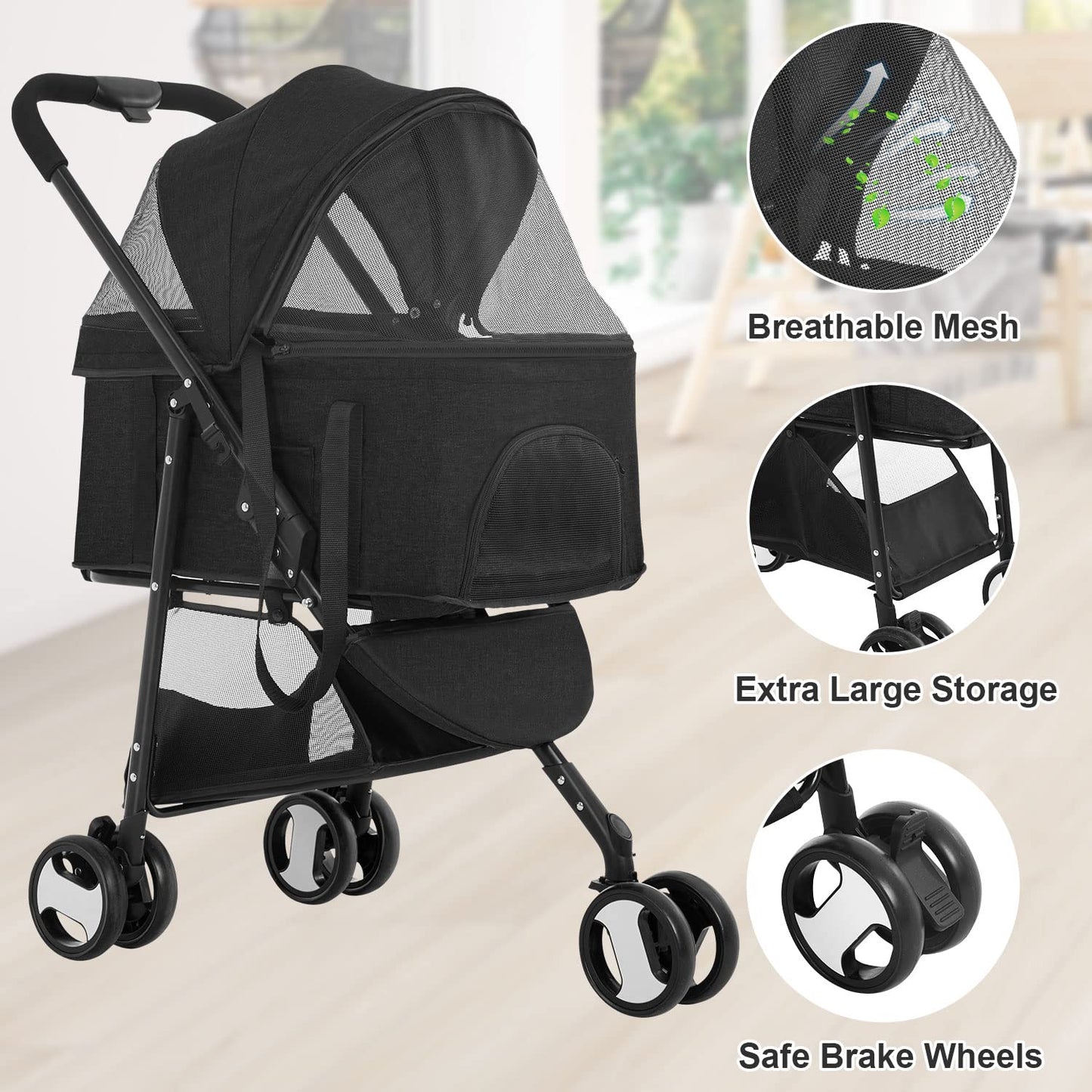 BestPet Pet Stroller Premium 3-in-1 Multifunction Dog Cat Jogger Stroller for Medium Small Dogs Cats Folding Lightweight Travel Stroller with Detachable Carrier, Black