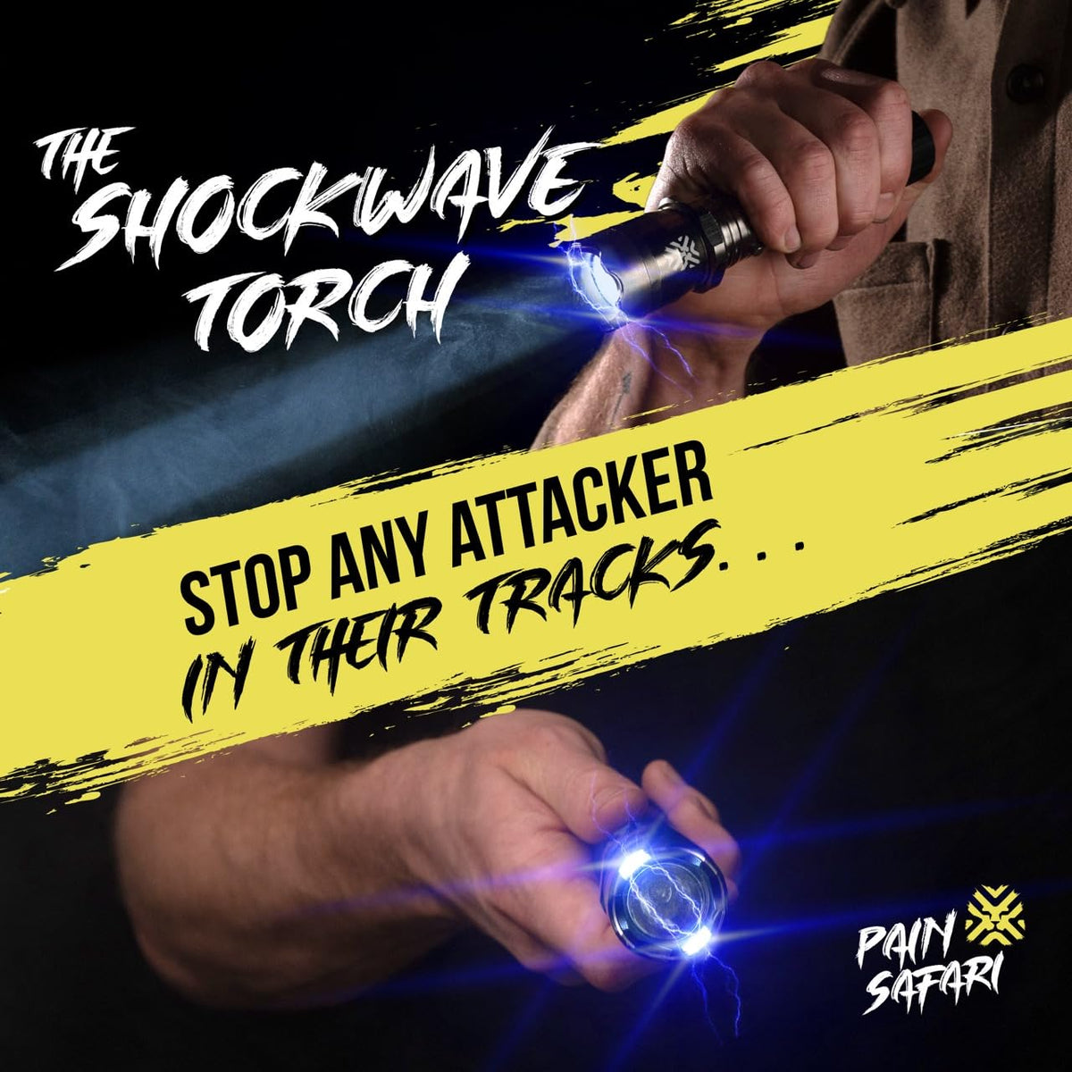 Pain Safari 2-in-1 Stun Gun Flashlight | Rechargeable Stun Gun for self Defense Men Women | Palm-Sized | 150-Lumen, 9,000 Volts to Deter Attackers