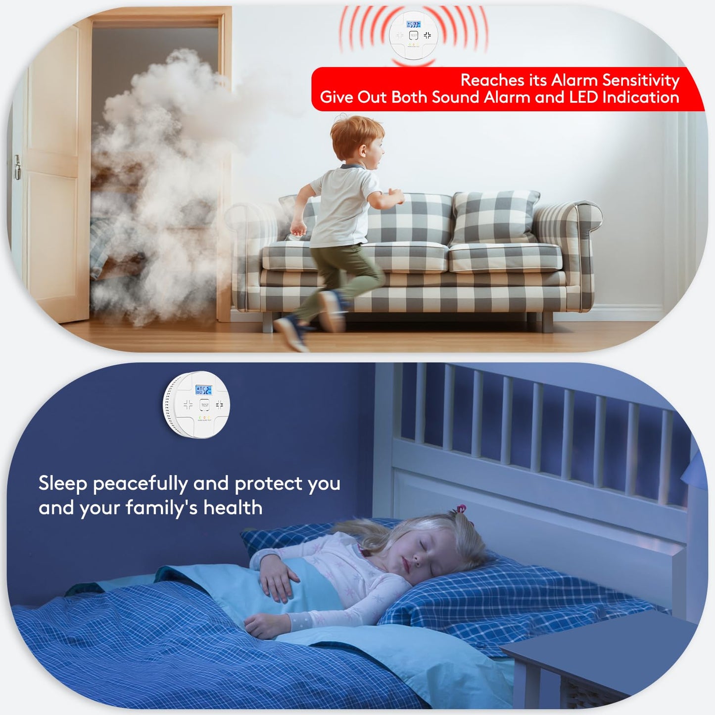 6 Packs,2 in 1 Technology, Smoke,Carbon Monoxide Detector, Co Alarm,85db Alert,LCD Readout,3 Color LED Indication,(Green Light Blinking at Work), with 3 AA Batteries,Easy Install,for Home and Kitchen
