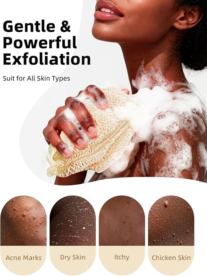 Cleangor 2Pcs African Net Sponge Authentic with Knots - Exfoliating Body Scrubber for All Skin Types, African Bath Sponge, Wash Cloth, Gentle Exfoliation Shower Rag for Women Daily Use (Linen & Brown)