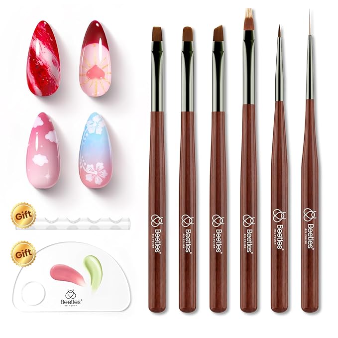 Beetles Gel Polish Nail Art Brushes, 6 Pcs Fingernail Art Design Pens, Nail Art Tools, Wood Alloy Handle Nail Brushes, Clean Up Liner French Set with Holder&Palette DIY Gift for Women
