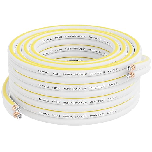 18AWG Speaker Wire 50 FT, 18 Gauge Audio Security Alarm Hookup Control Low Voltage Cable, Home Theater Wire, Automotive Wire, White Cord with Yellow Polarity Marker, CCA, 2 Conductors Electrical Wire