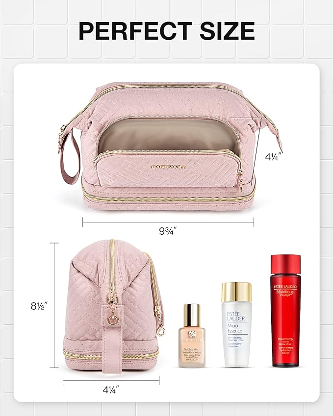 BAGSMART Travel Makeup Bag, Cosmetic Bag Make Up Organizer Case, Dorm Room Essentials Large Wide-open Pouch Women Travel Essentials Double Layers Purse for Toiletries Accessories Brushes Pink