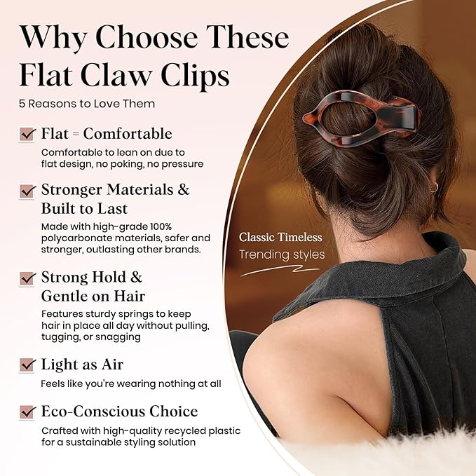 4 PCS Large Flat Hair Clips for Women Girls, French Concord Lay Down Flat Claw Clips for Thick Thin Hair, Comfortable Curved Clip, Stylish Tortoiseshell Strong Hold Hair Accessories, Leopard